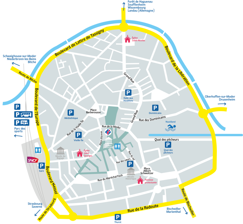 Plattegrond van het stadscentrum van Haguenau